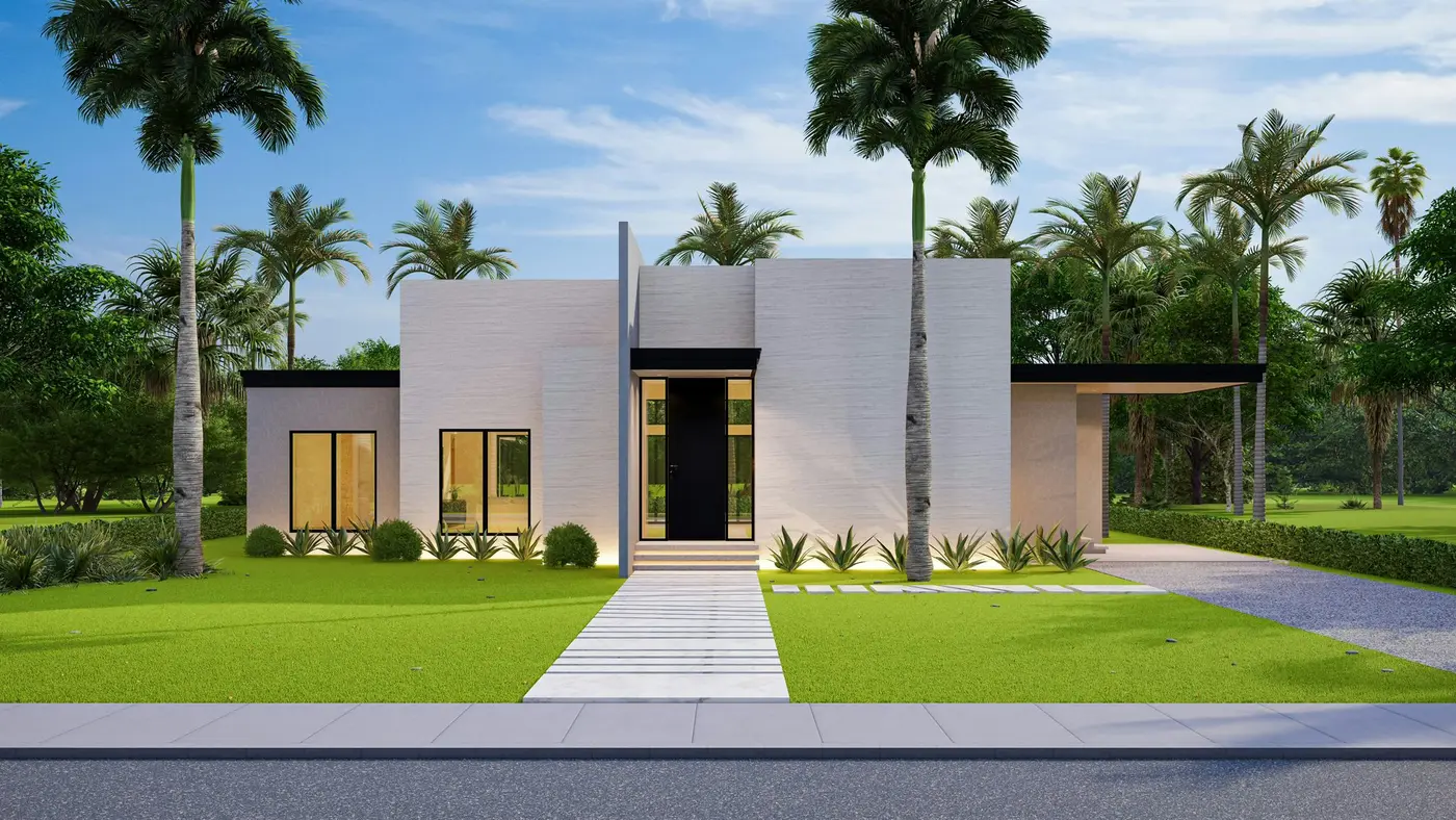 Modern Las Vegas home with an artificial turf front yard, palm trees and a front walkway